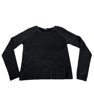 Athleta M Stretch Women’s Athletic Metallic Yoga Top Long Sleeve Black Silver